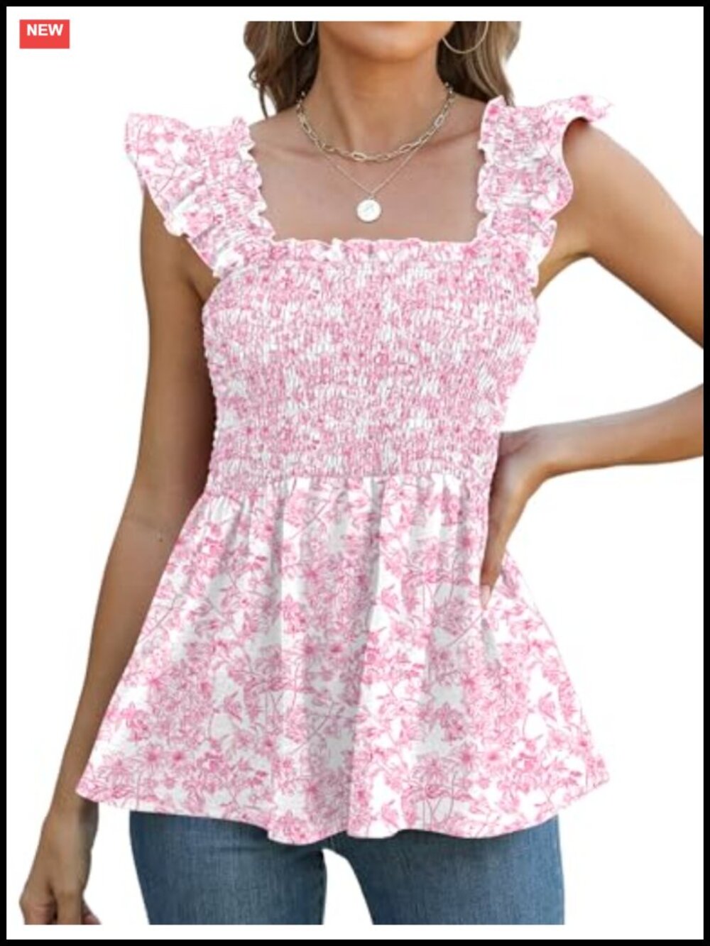 Womens Ruffle Sleeve Smocked Square Neck Tank Top Summer